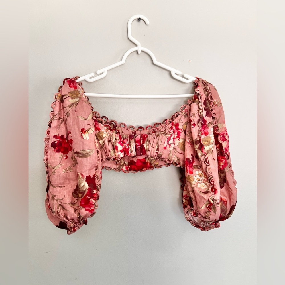 Zimmermann Cassia Cropped Scalloped Floral Print linen Top size 1 - Picture 5 of 8